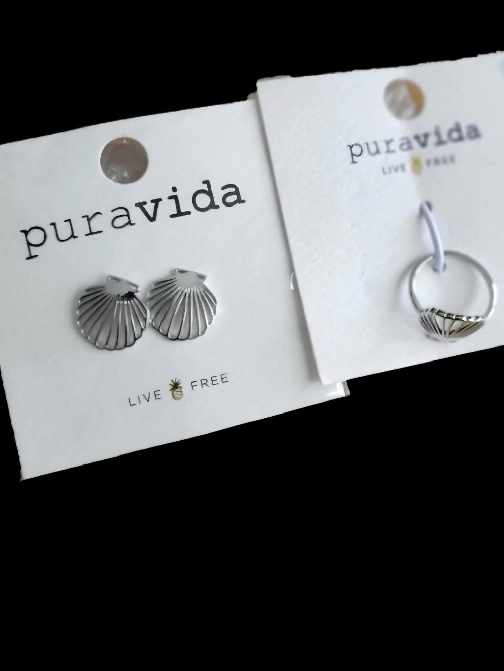 Pura Vida Collection Silver Seashell Earring & Ring Set Coastal Beach Boho Vibes
